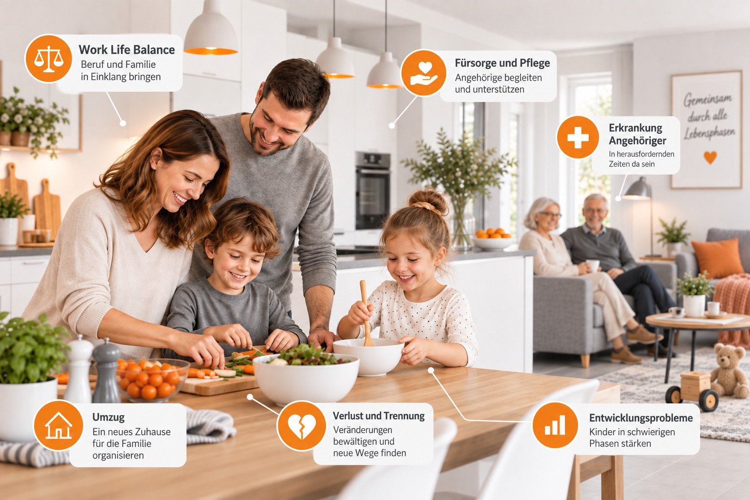 Familie mit Kindern und Großeltern in der offenen Wohnküche
