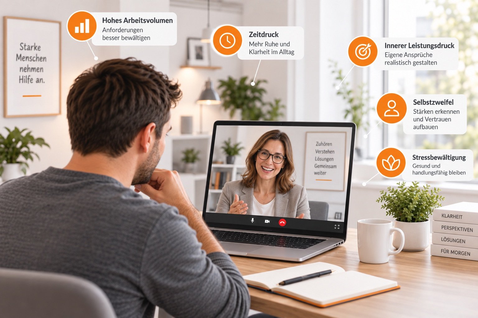 Mitarbeiter im vertraulichen Online-Beratungsgespräch mit einer Psychologin